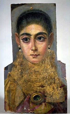 Fayum Funeral Portrait, Mummy Portrait of a Woman, Antinoopolis, End of the Reign of Trajan, 98-117 A.D., Wax portrait on wood.